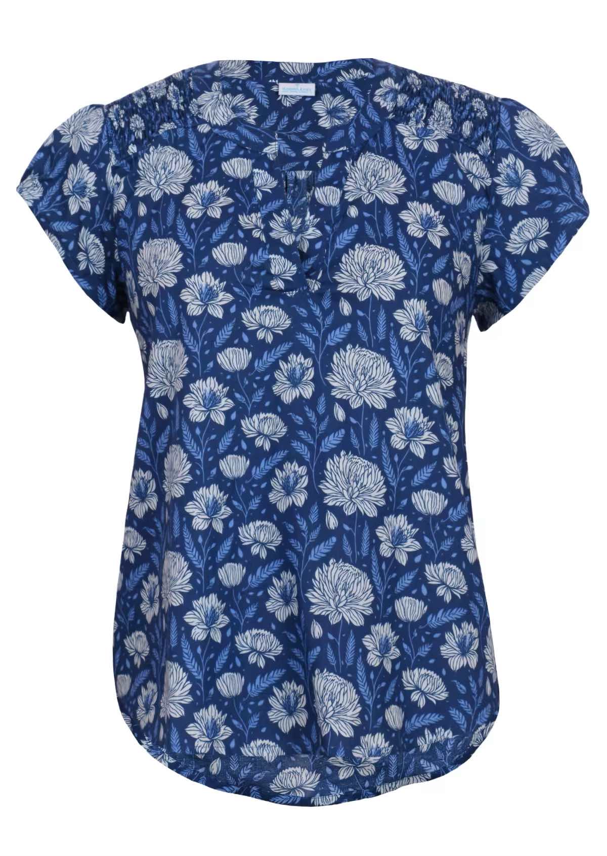 Front mannequin photo of cotton top with cap sleeves in light blue and white floral print