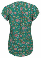 Back mannequin photo of cap sleeve cotton top with small gathers in back, centre of shoulders