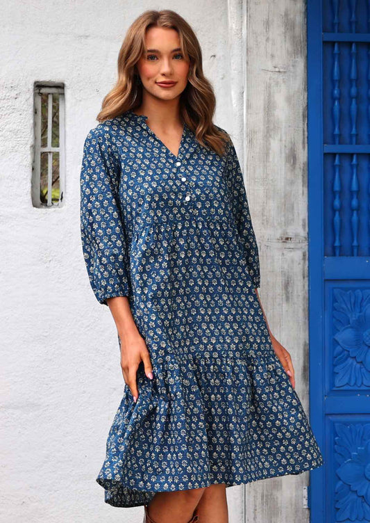 Gorgeous blue based cotton midi length dress with buttoned bodice