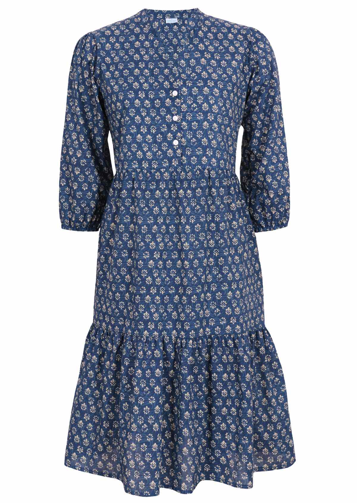 Buttoned bodice forms a V-neckline with a mandarin collar