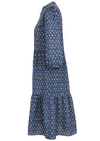 Midi length cotton dress with tiers and 3/4 sleeves with narrow cuff