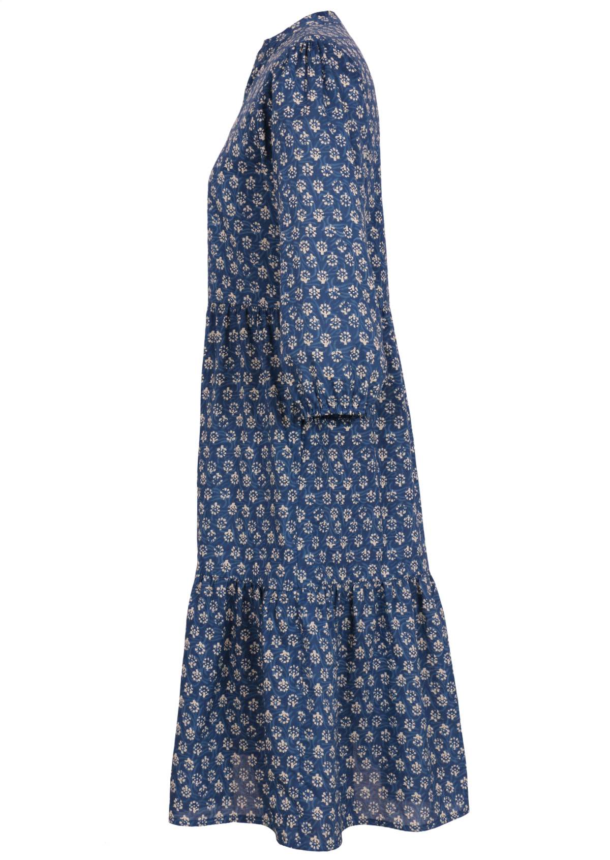 Midi length cotton dress with tiers and 3/4 sleeves with narrow cuff