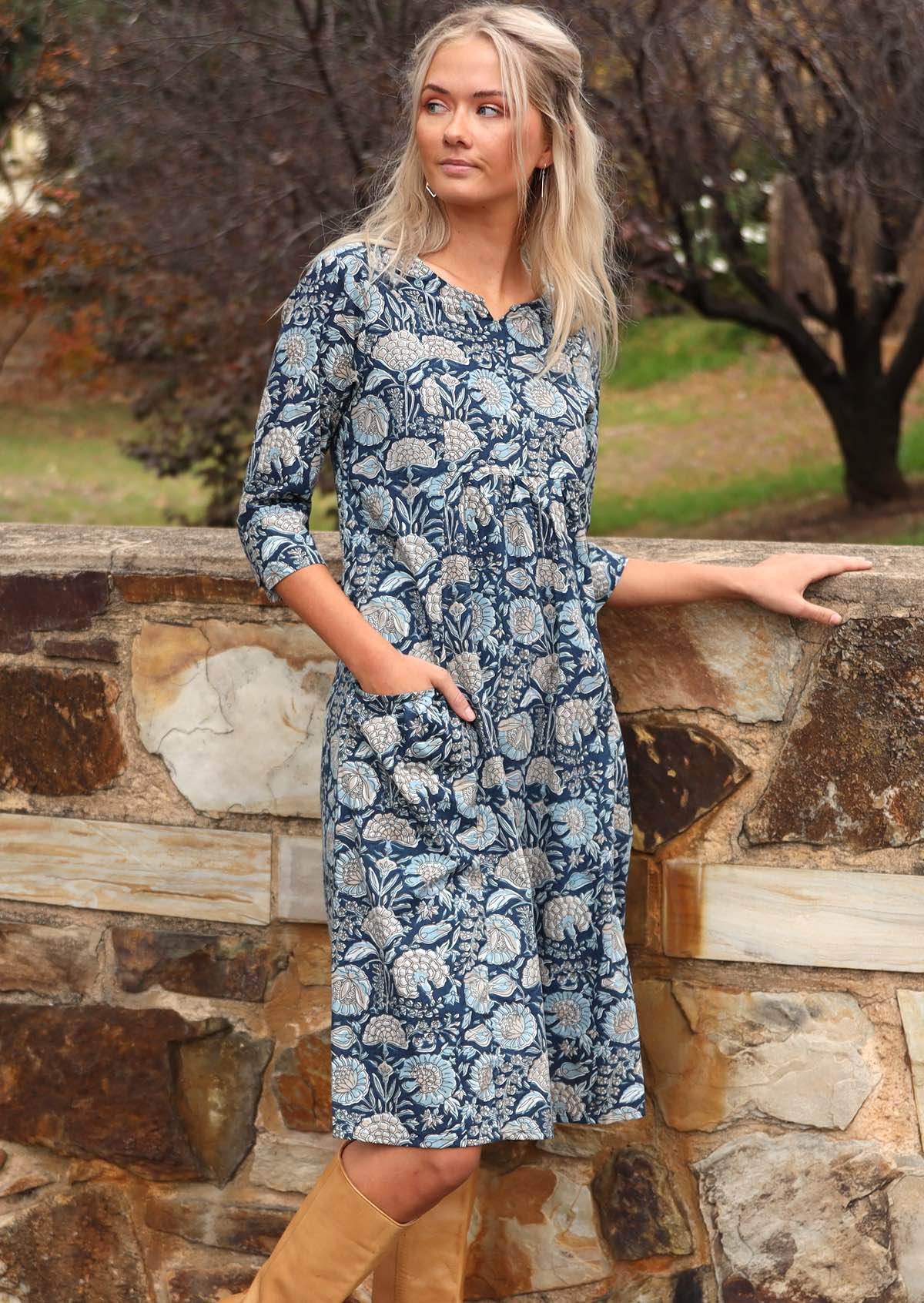 100% cotton dress in gorgeous blues and taupe floral print on navy blue base