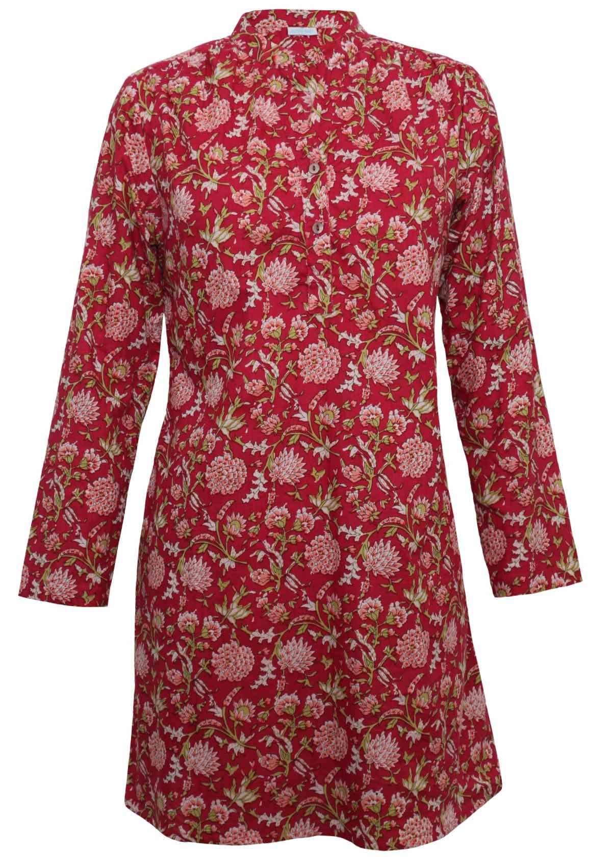 Front mannequin photo of cotton long sleeve tunic in floral print on a bright red base