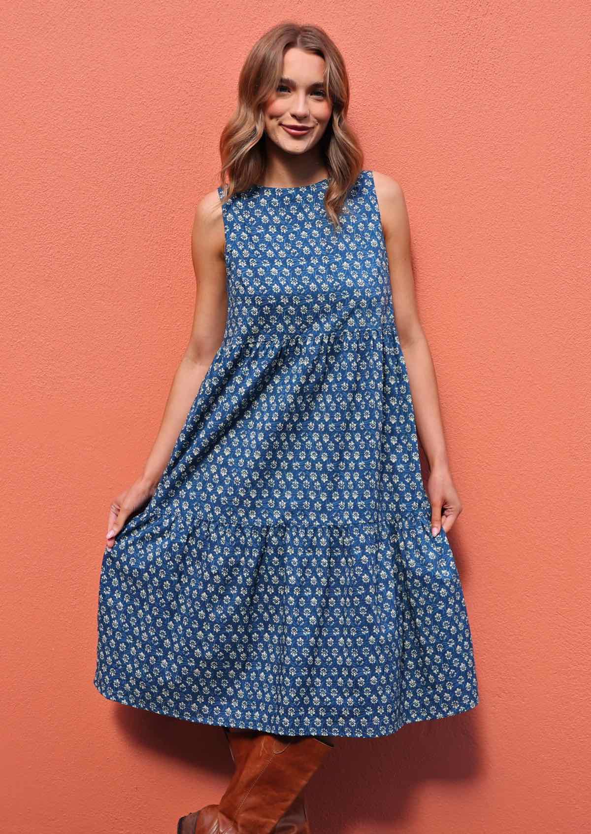 Midi length relaxed fit sun dress with three tiers