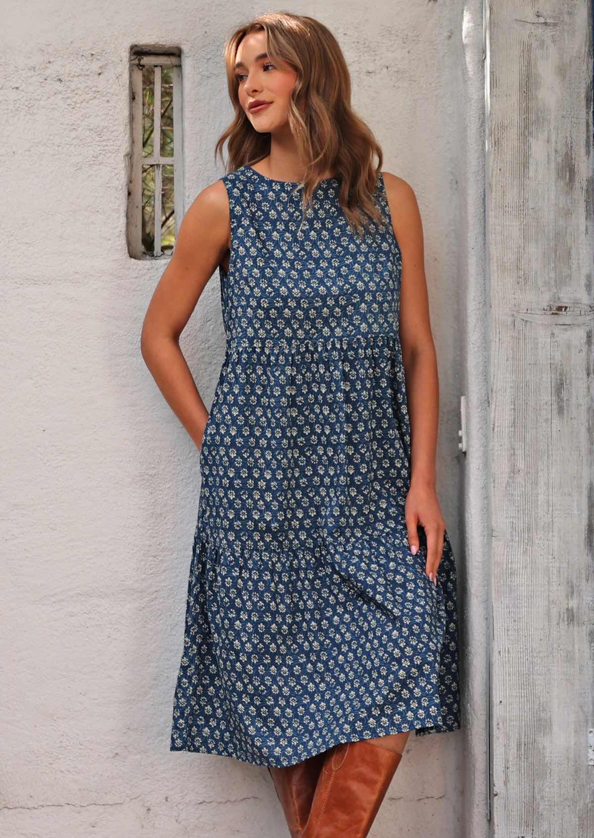 Lightweight cotton midi length sun dress is cool, comfortable and stylish