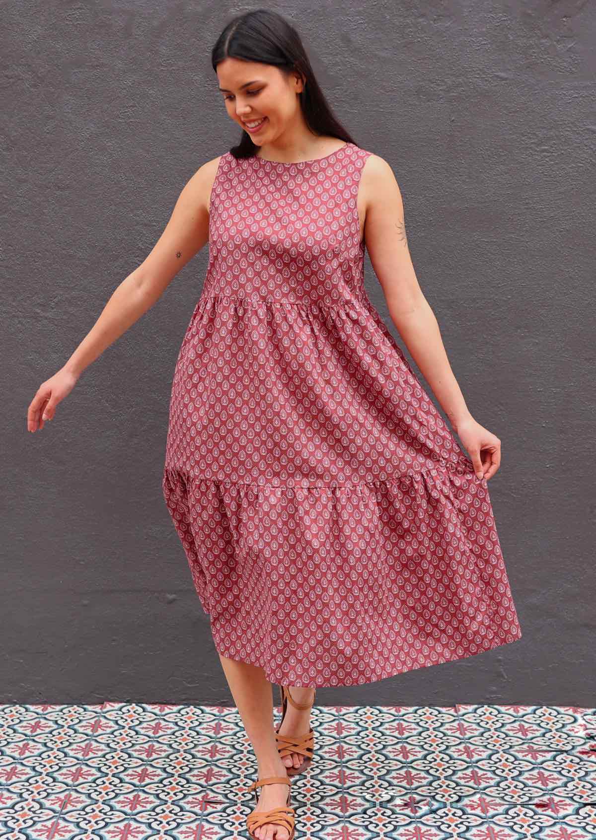 Woman with dark hair in Indian Cotton Sundress with three tiers