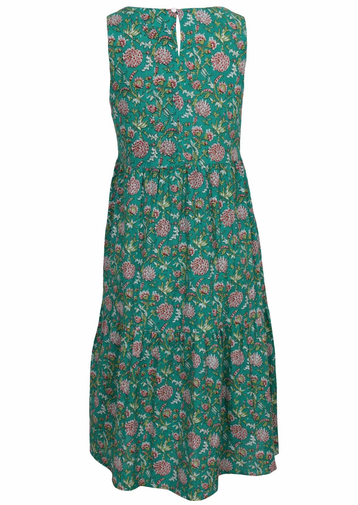 Back mannequin photo of cotton sleeveless three tiered dress in floral print on a jade green base with keyhole back closure at the nape of neck