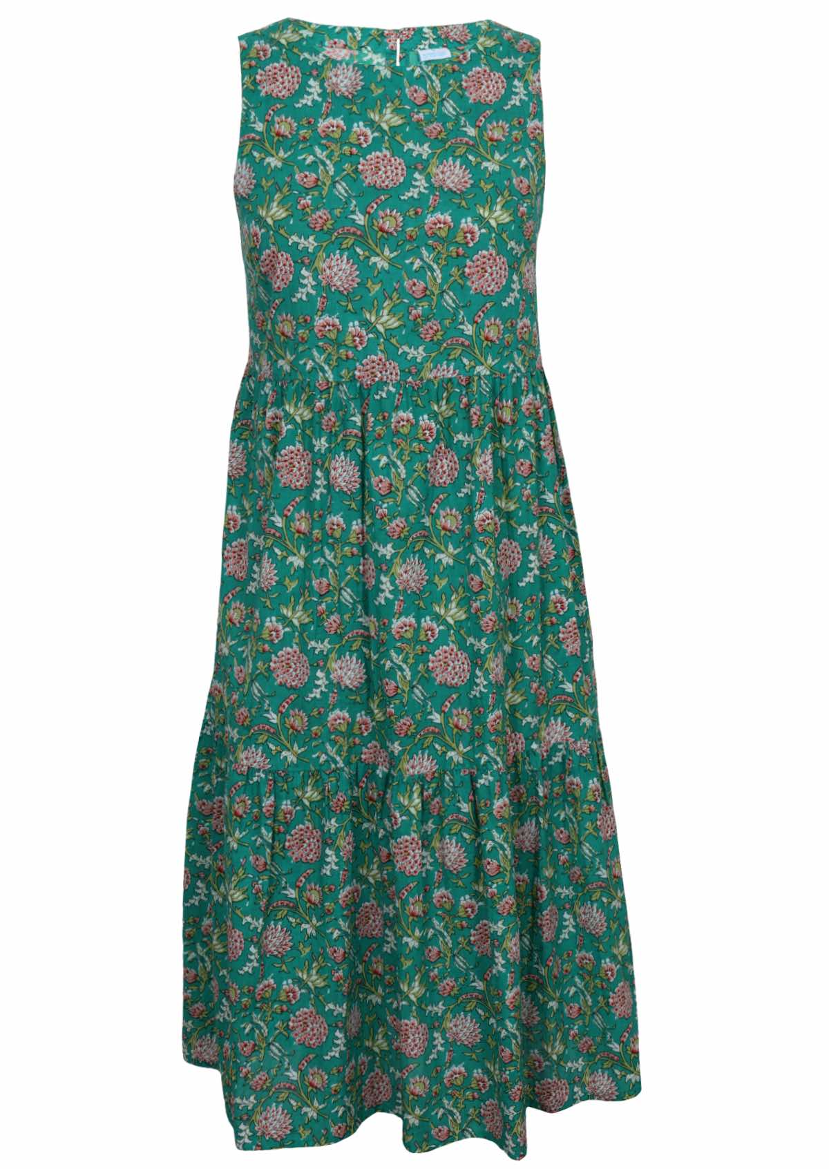 Front mannequin photo of cotton sleeveless three tiered dress in floral print on a jade green base