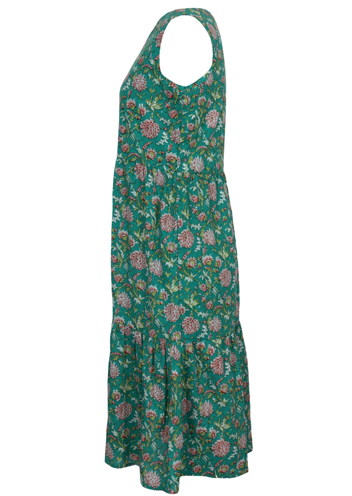 Side mannequin photo of cotton sleeveless three tiered dress in floral print on a jade green base with hidden side pockets