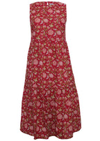 Front mannequin photo of cotton sleeveless three tiered midi length dress in floral print on a cranberry base