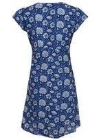 Back mannequin photo of cotton dress  with cap sleeves in light blue and white floral design