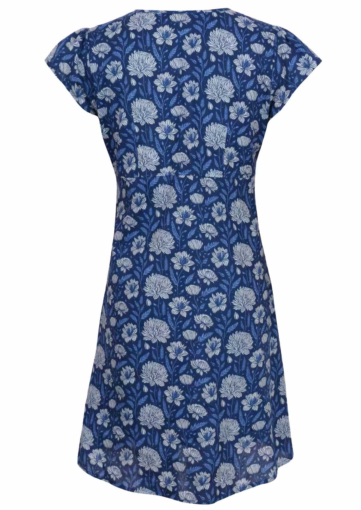 Back mannequin photo of cotton dress  with cap sleeves in light blue and white floral design