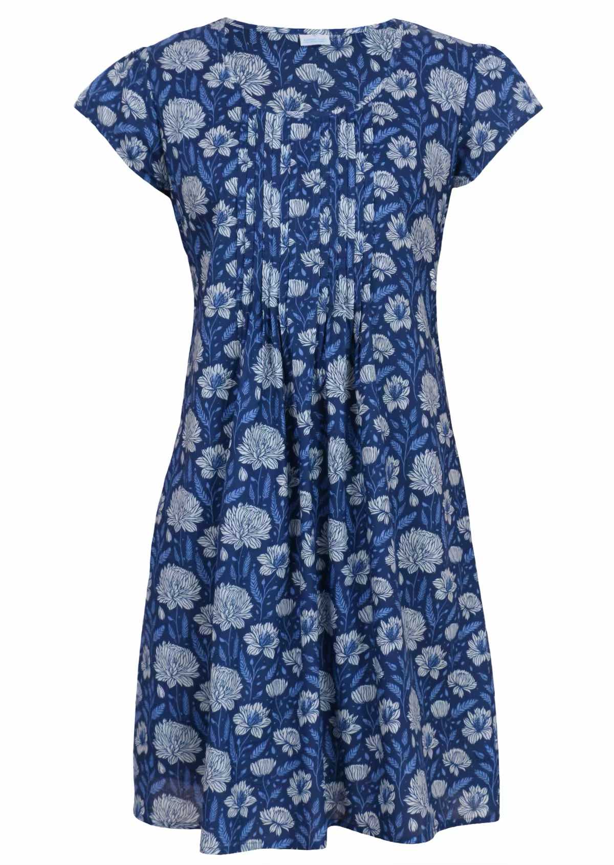 Front mannequin photo of cotton dress  with round neckline in light blue and white floral design