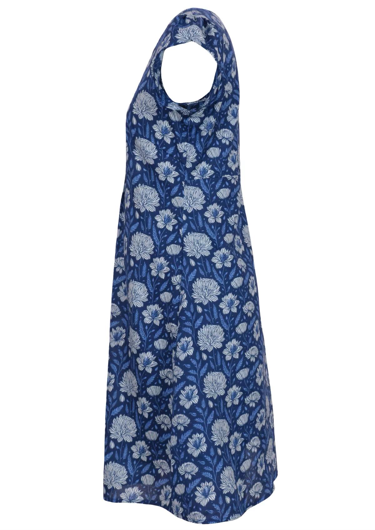 Side mannequin photo of cotton knee length dress with light blue and white floral design