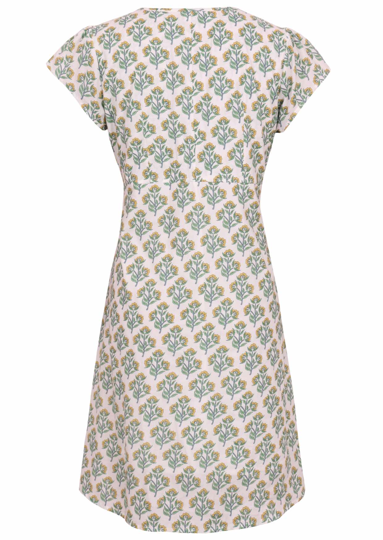 Back mannequin photo of cotton above knee dress with yellow and green floral print on a white base