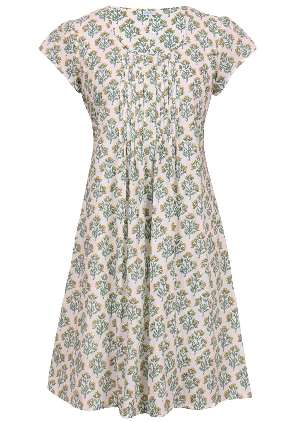 Front mannequin photo of cotton above knee dress with yellow and green floral print on a white base