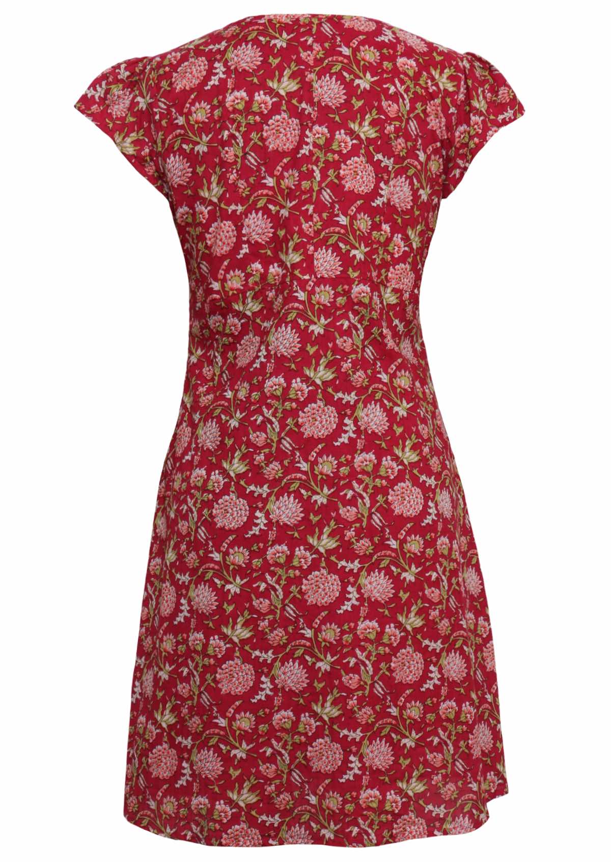 Back mannequin photo of cotton cap sleeve above knee dress in red based floral print