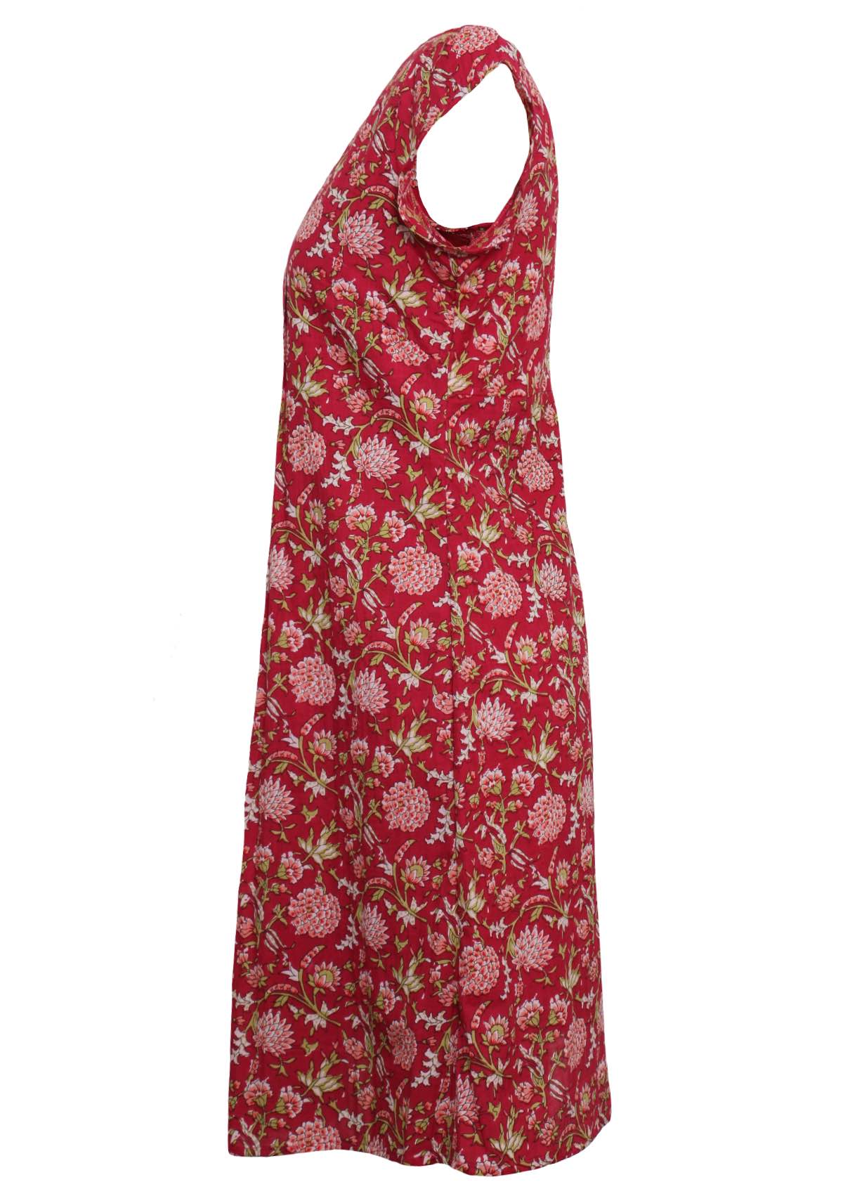 Side mannequin photo of cotton cap sleeve above knee dress in red based floral print