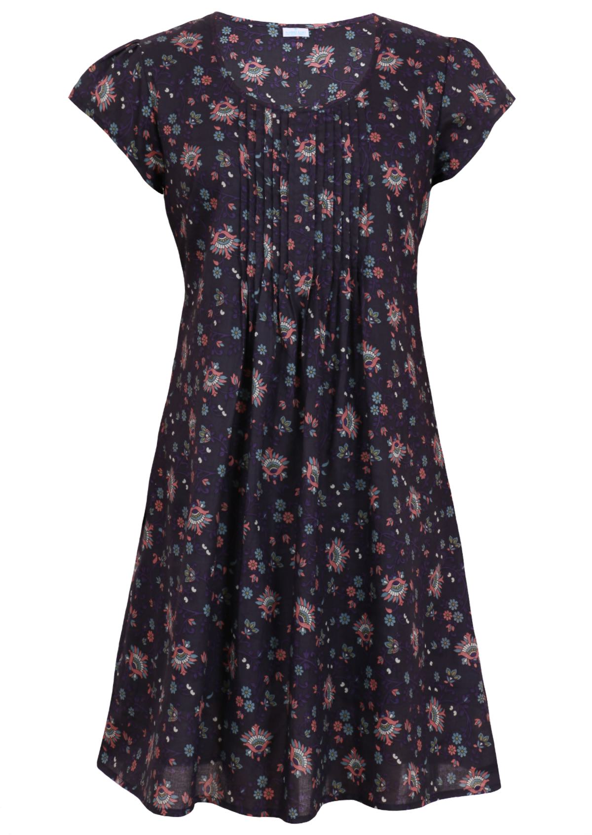 Women's 100 percent cotton short sleeve pleated sundress in deep purple Indian floral