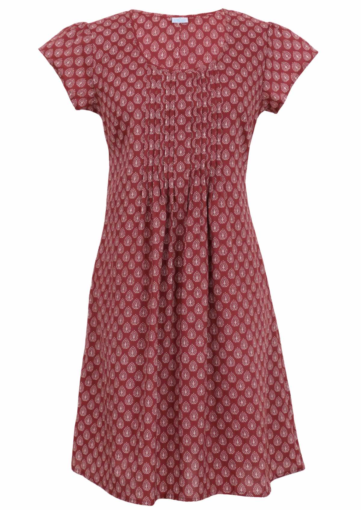 Women's 100 percent cotton pleated sundress with short sleeves in dark terracotta 