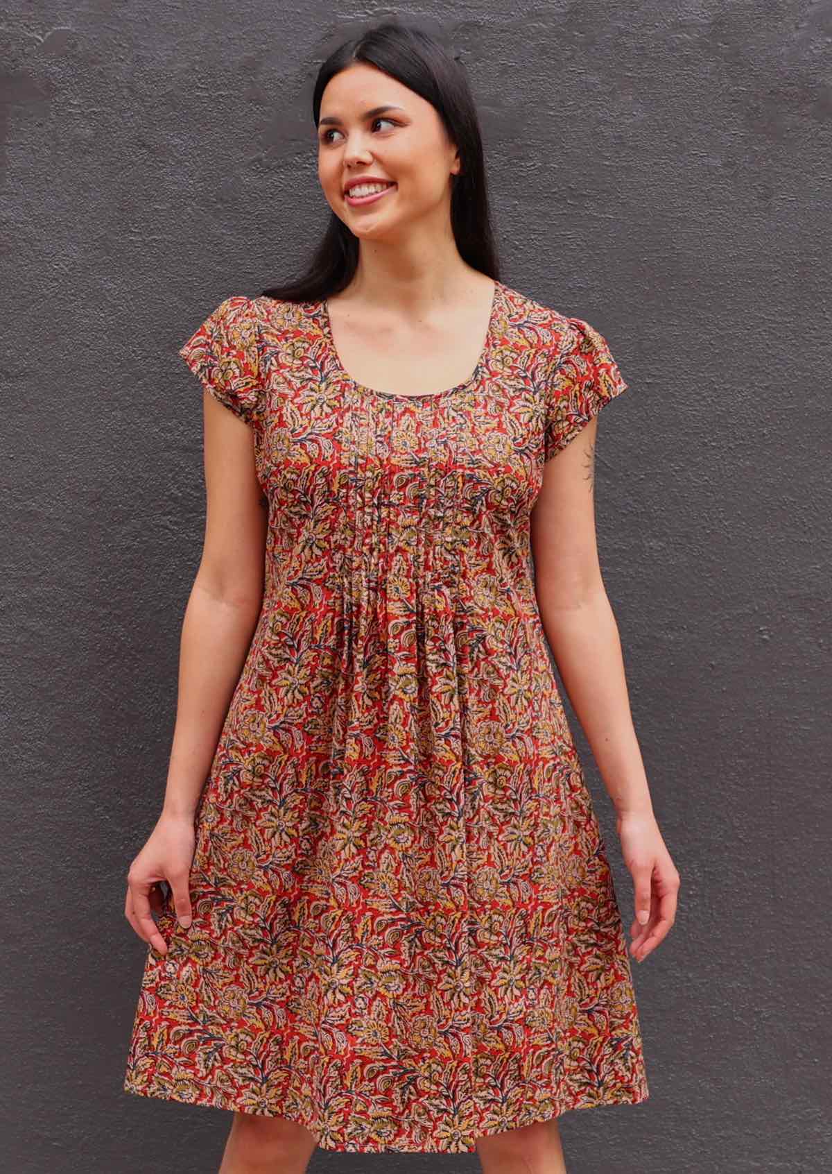 Woman wearing Tulsi Dress Wild Spice Indian print cotton sundress