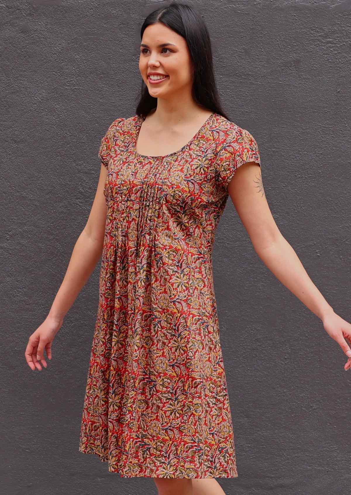 Woman wearing Indian print cotton sundress