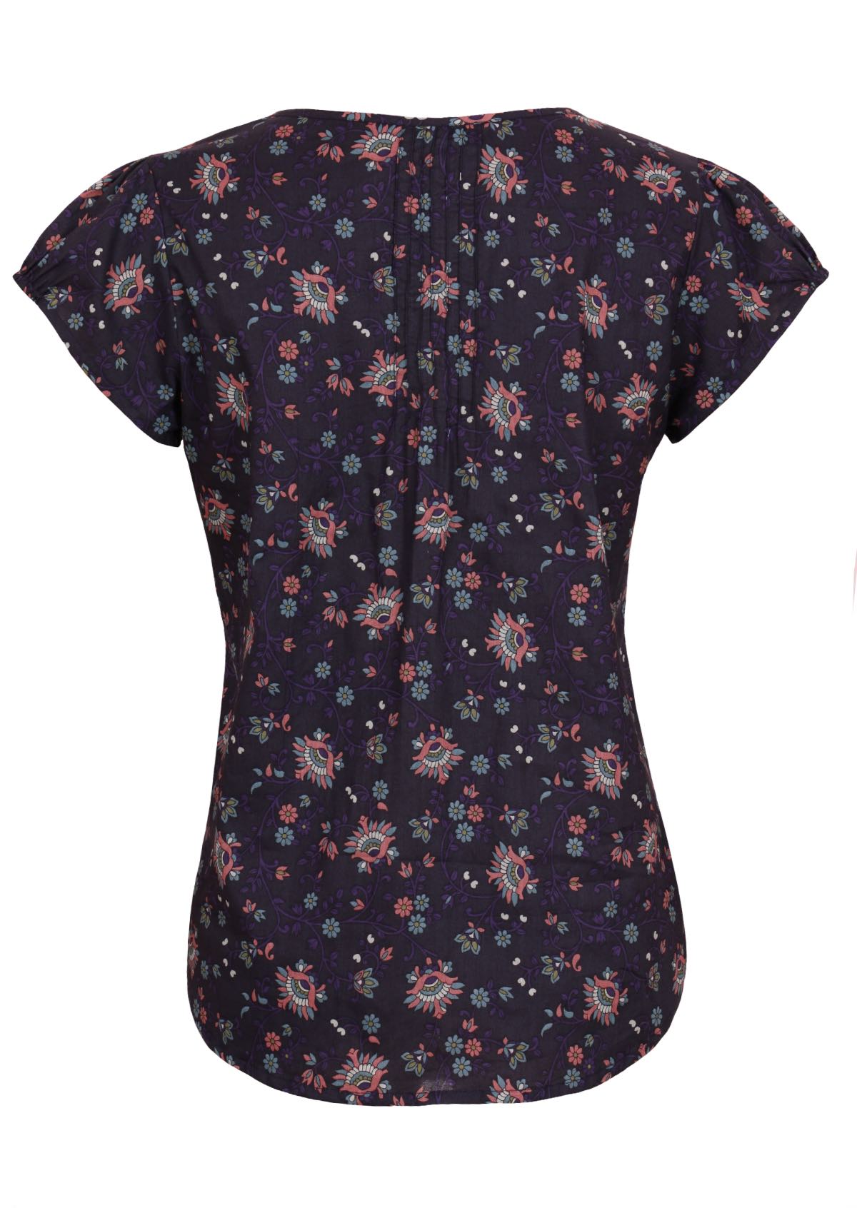 Back mannequin photo of cotton cap sleeve top in floral print on dark base, with small gathers in the centre of back