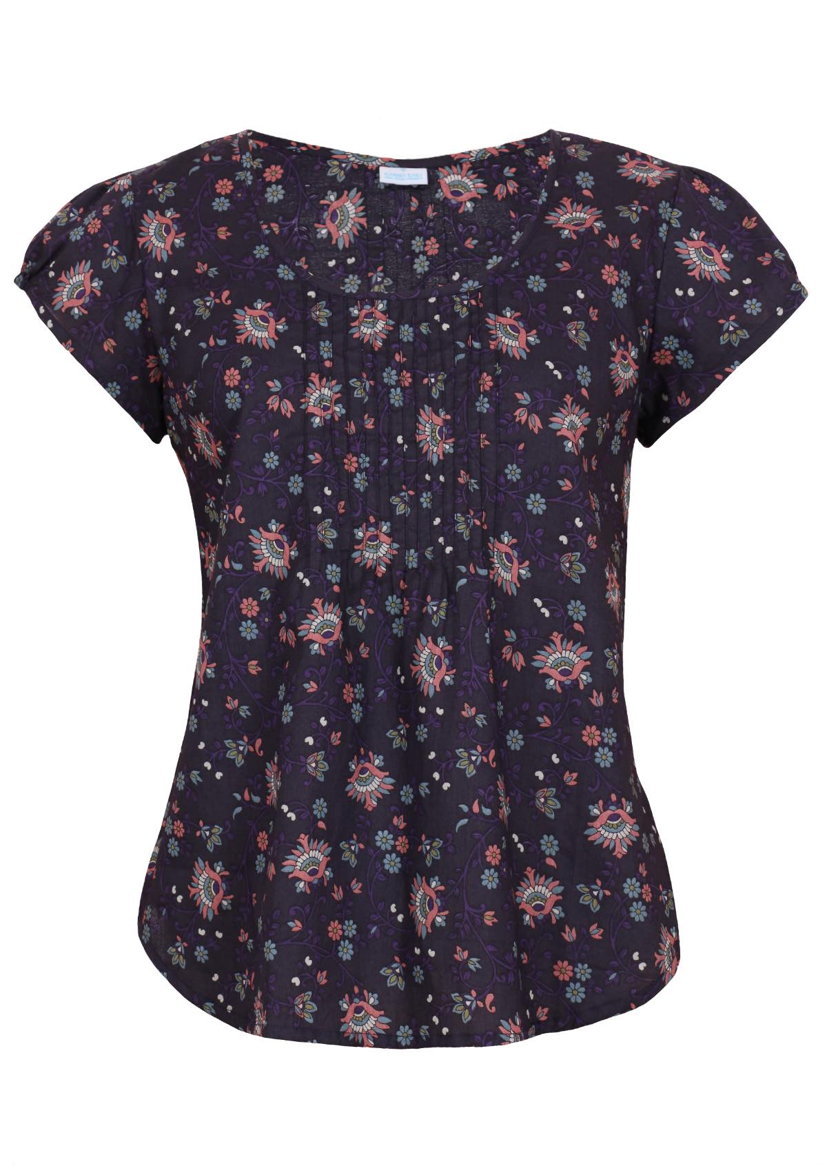 Front mannequin photo of cotton cap sleeve top with floral print ton dark base and small pleats across bodice