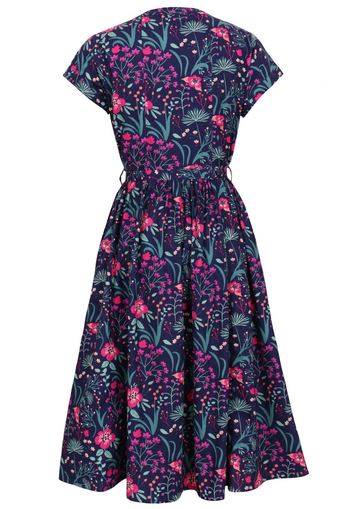 Navy and purple floral cotton 1950's style dress with belt back view