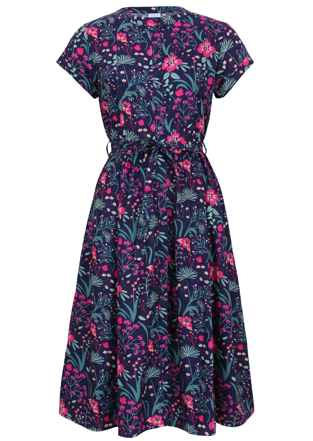 Navy cotton floral maxi dress with belt front view