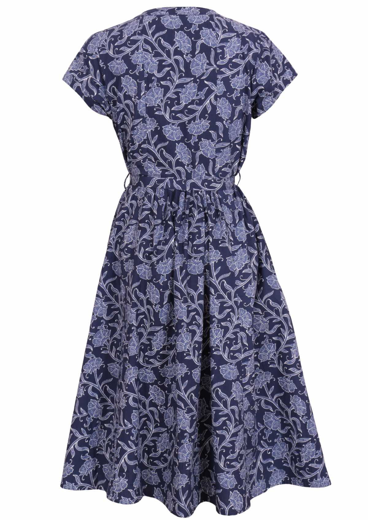 Women's 1950's inspired retro fit and flare dress with shell buttons, waist tie, and pockets back view
