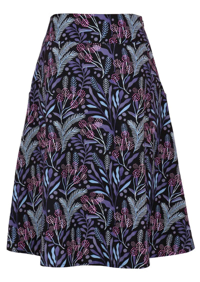 Cotton botanical print on black base skirt with wide waistband