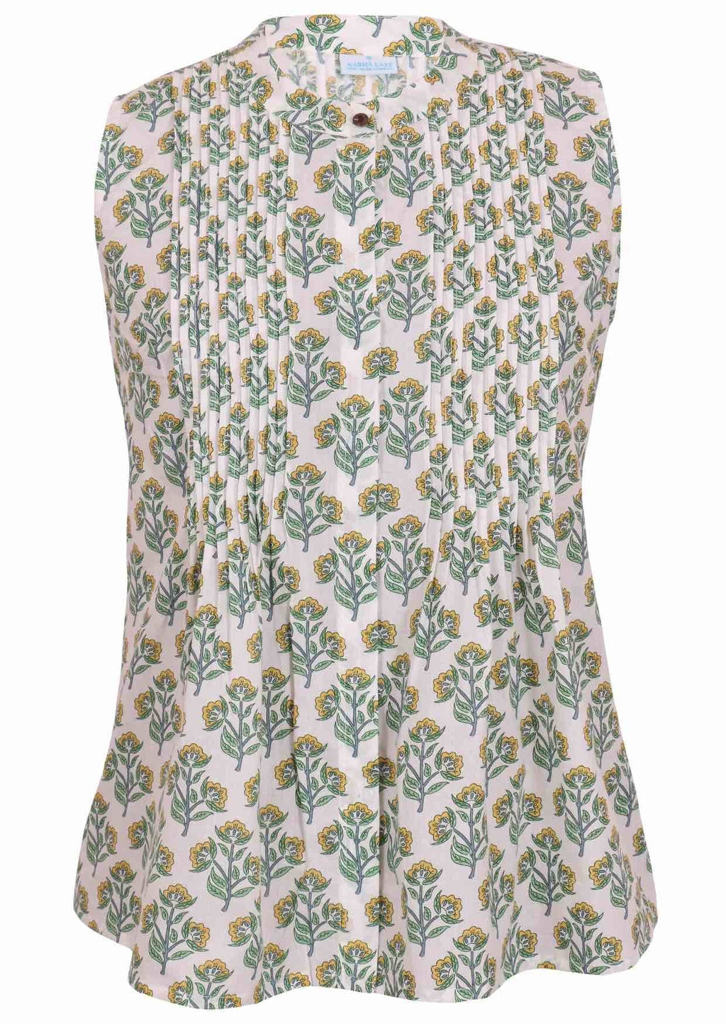 This front-view white sleeveless blouse has a yellow and green floral print, button-up collar, pleats, and a flared hem.
