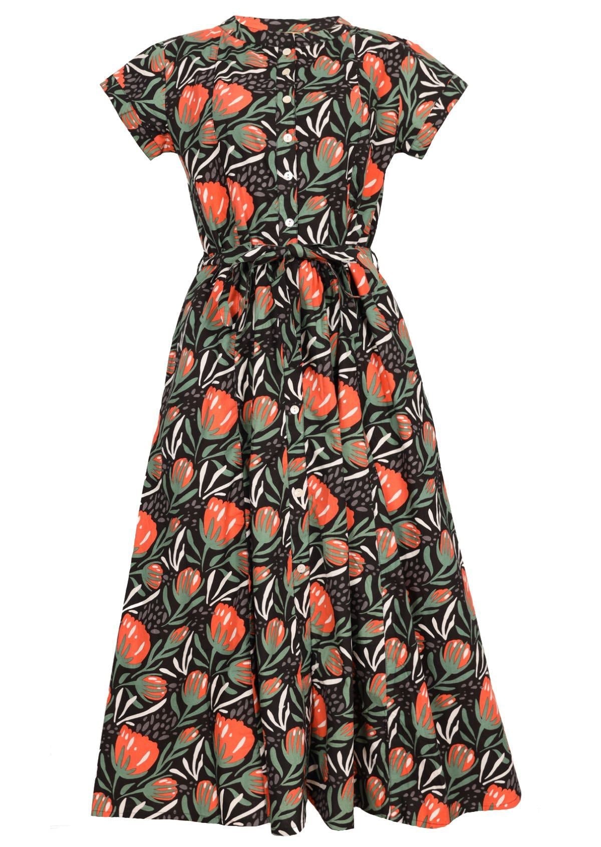 Button through cotton shirt dress 1950's style dress with cap sleeves and mandarin collar