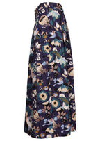 Cotton midi skirt with a floral and bird print on a navy blue base