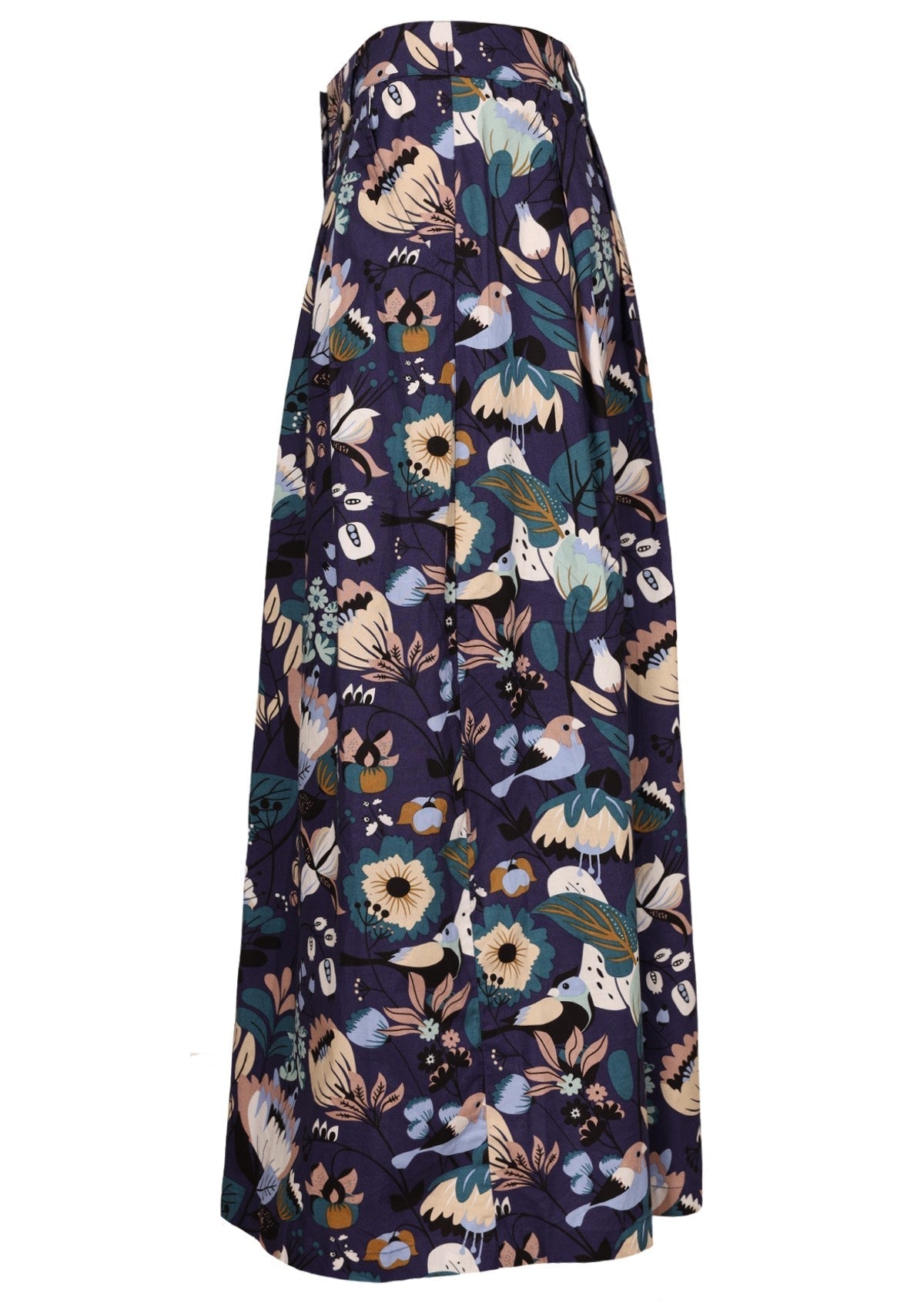 Cotton midi skirt with a floral and bird print on a navy blue base