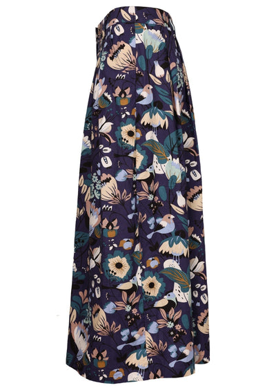 Cotton midi skirt with a floral and bird print on a navy blue base