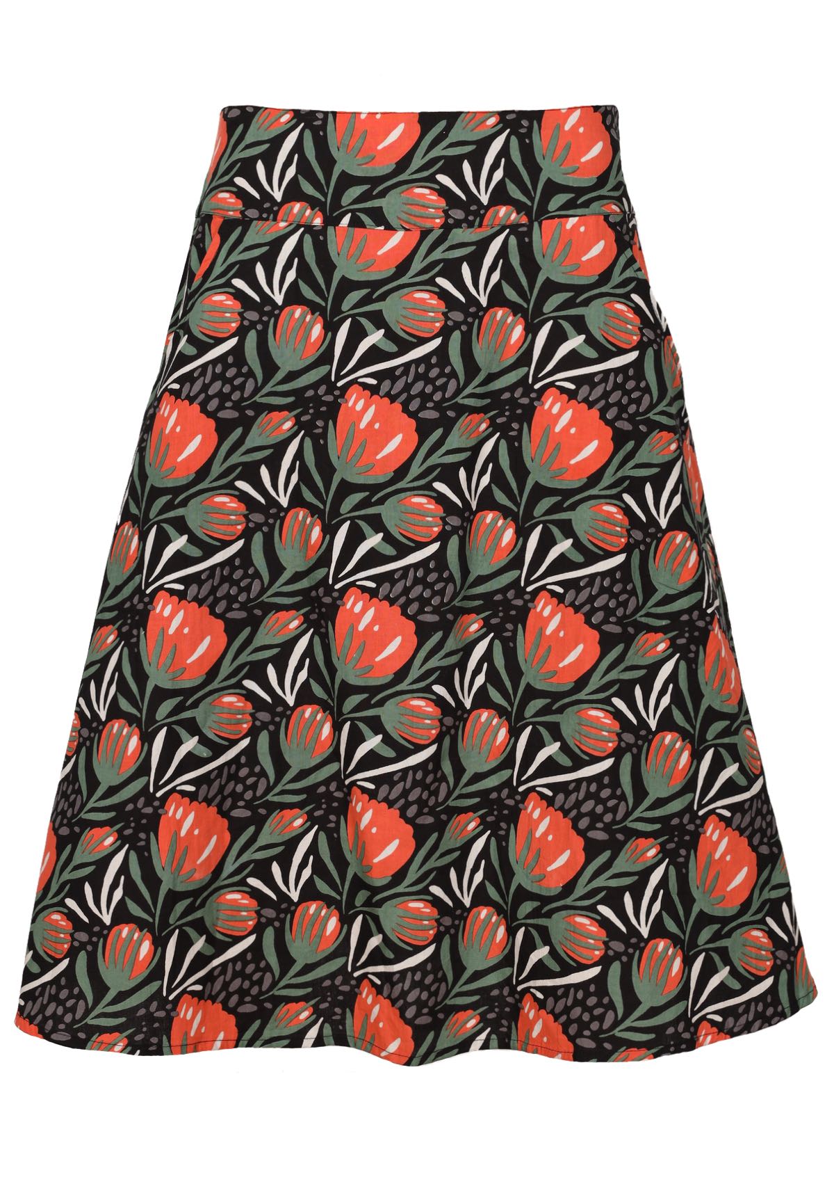 A-line cotton skirt with stylised native floral print on black base