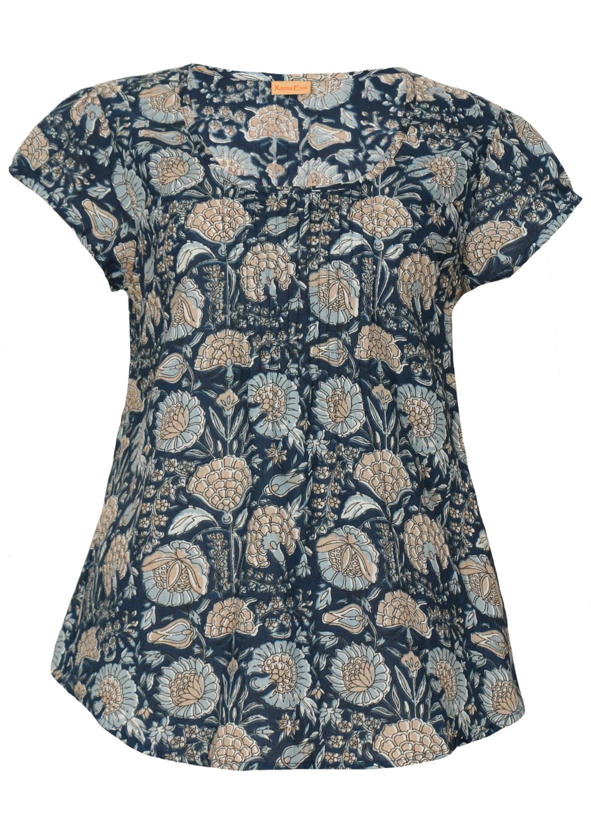 100% cotton top in a gorgeous pale blue and taupe flowers with white highlights, on a dark blue base