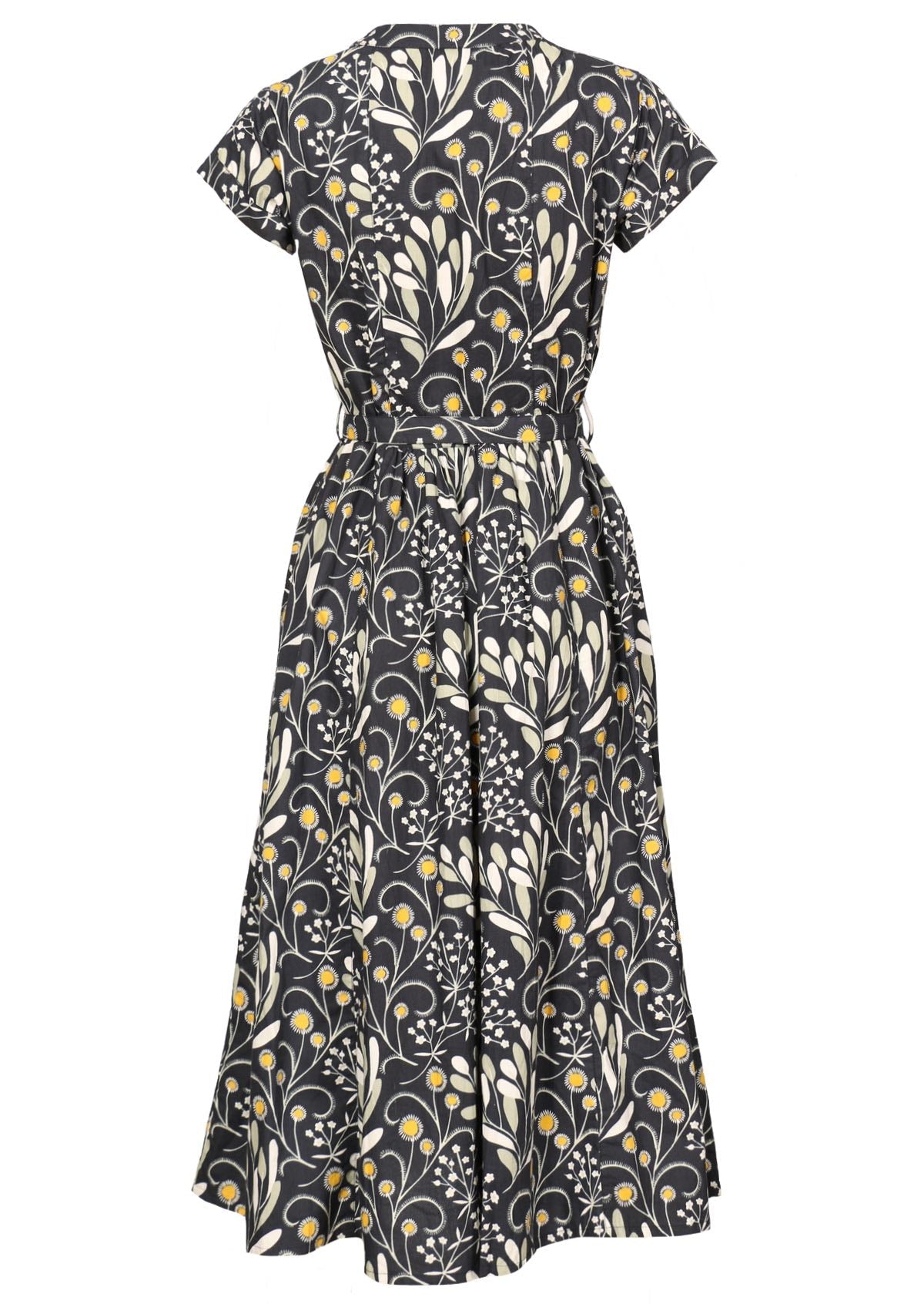 Button through cotton shin length dress in stunning wattle print on dark base