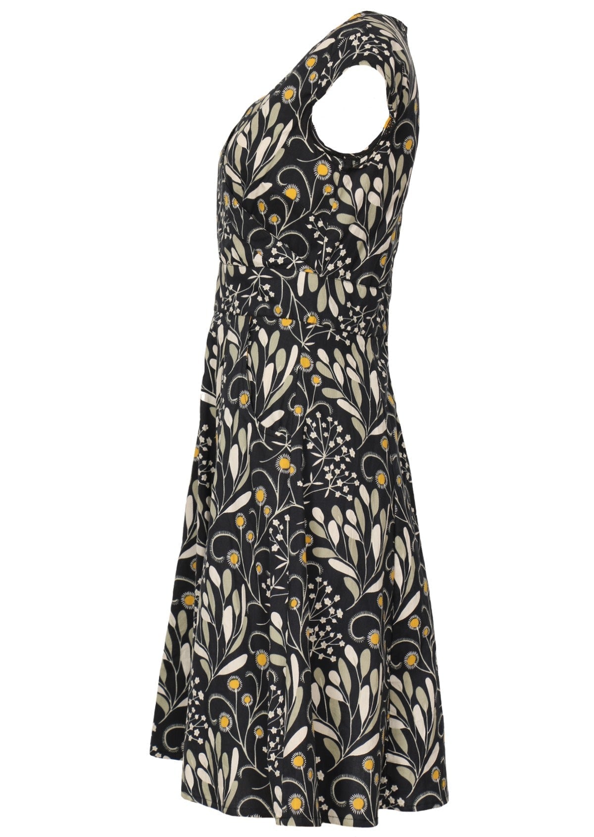 100% cotton dress in the striking wattle print of greys and yellow on a dark base