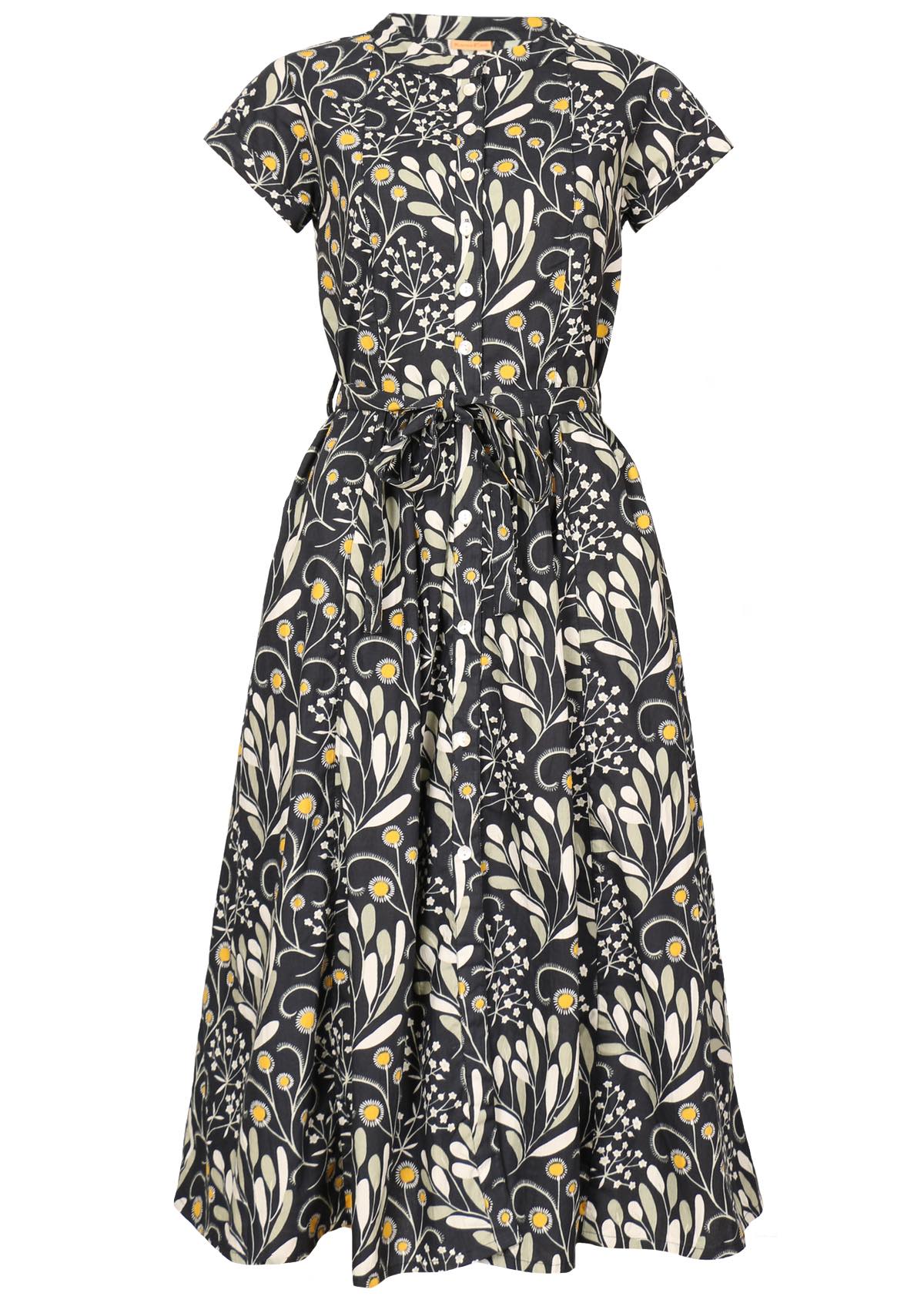 100% cotton dress in the striking wattle print of greys and yellow on a dark base