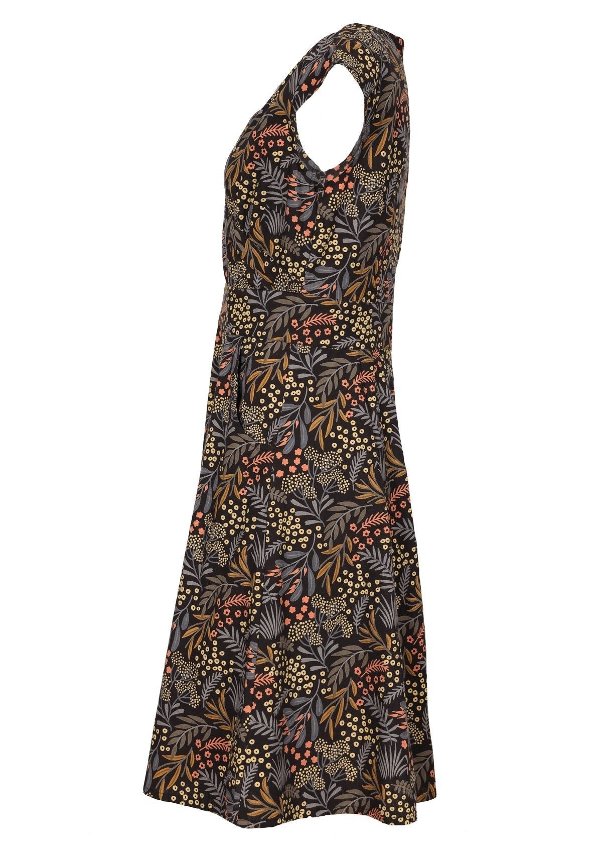 Retro cotton dress in gorgeous botanical print on black base