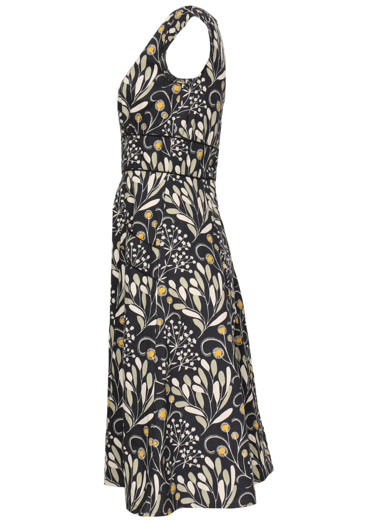 Gorgeous wattle print adorns this cotton dress with dark blue base