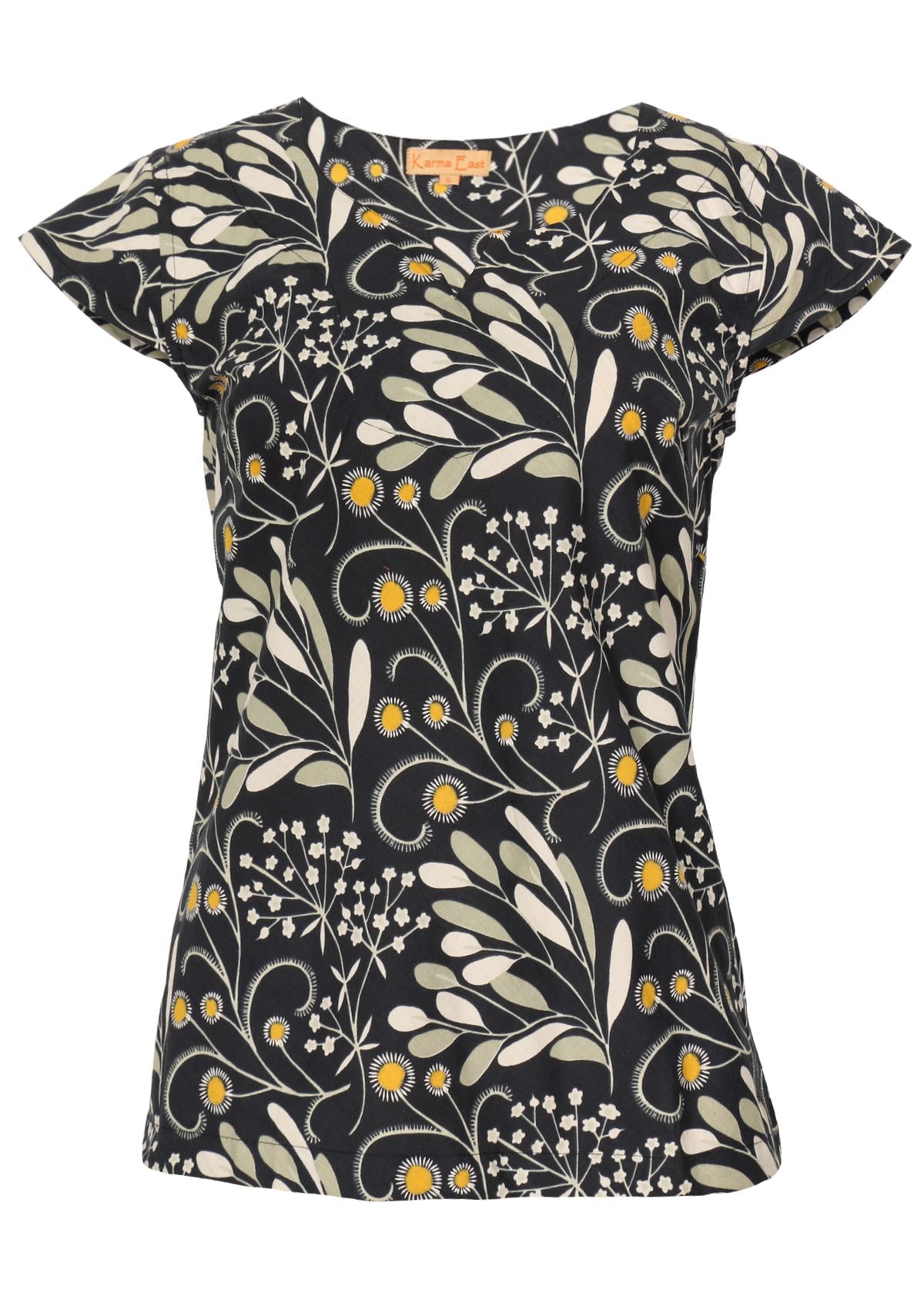 Striking wattle print in greys and pops of yellow on a dark navy base