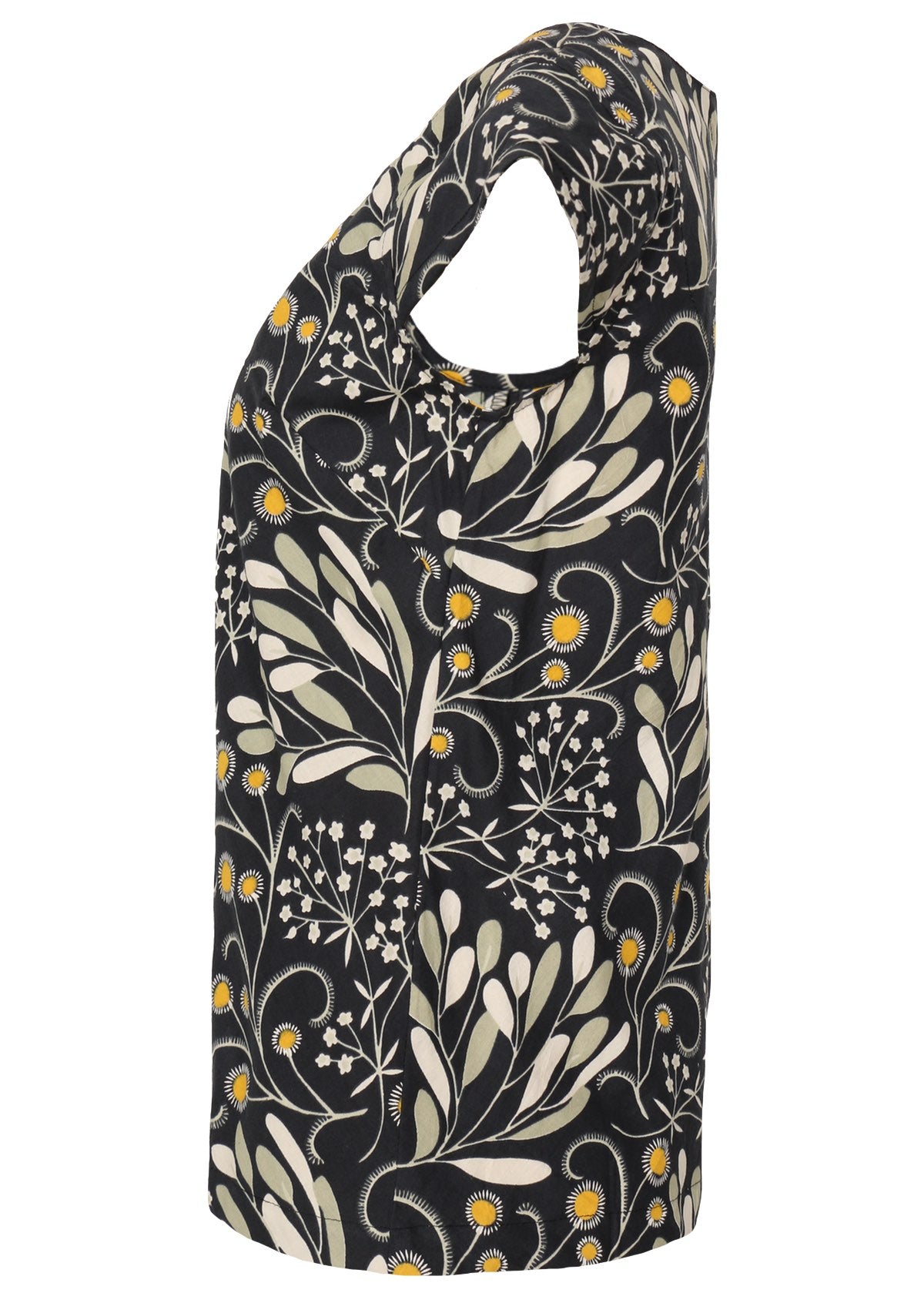 Gorgeous wattle print in greys and pops of yellow on a dark navy blue base cotton top