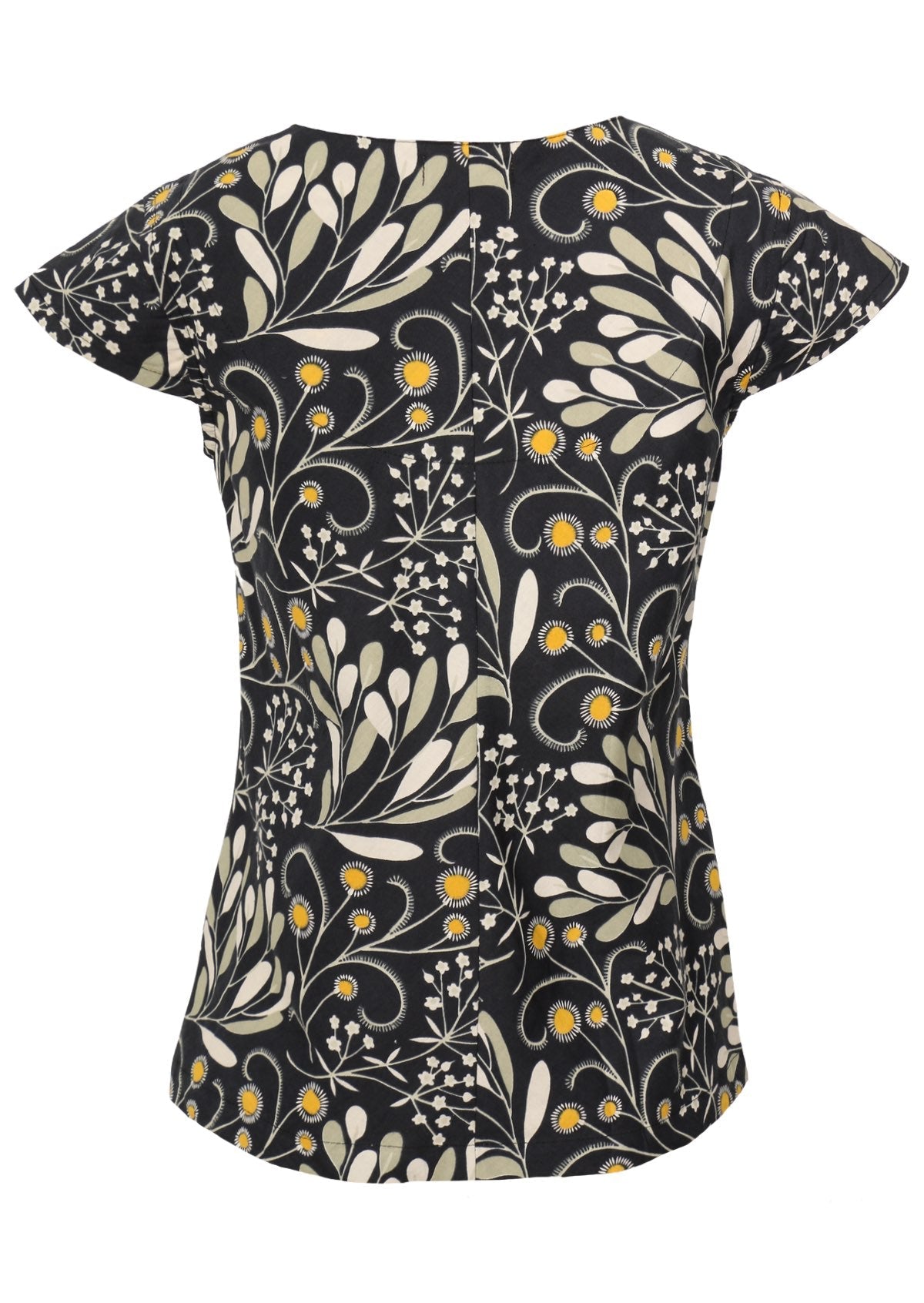 Short sleeve tailored cotton top with cap sleeves in striking wattle print