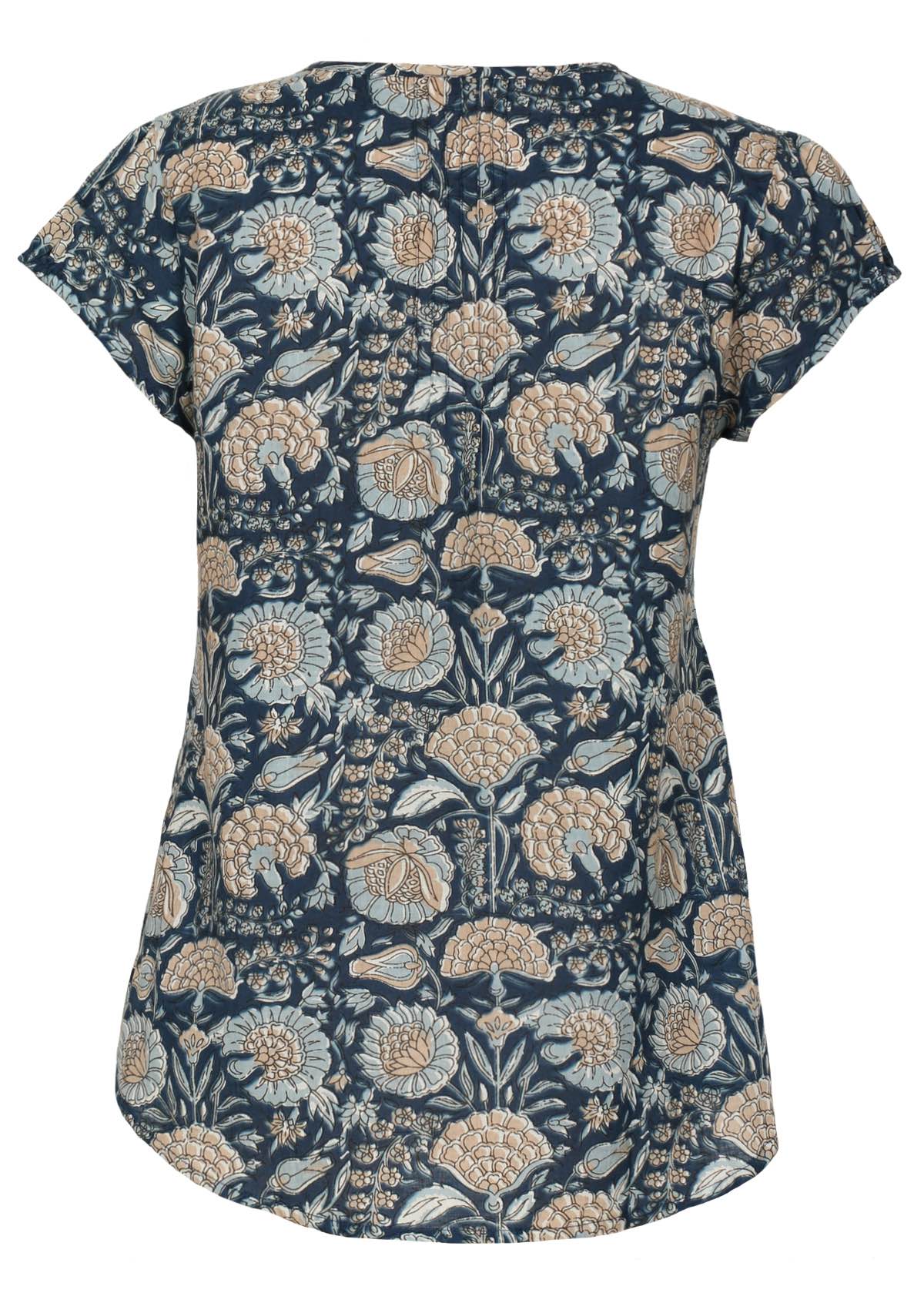 Cap sleeve lightweight cotton top in beautiful blue based floral print