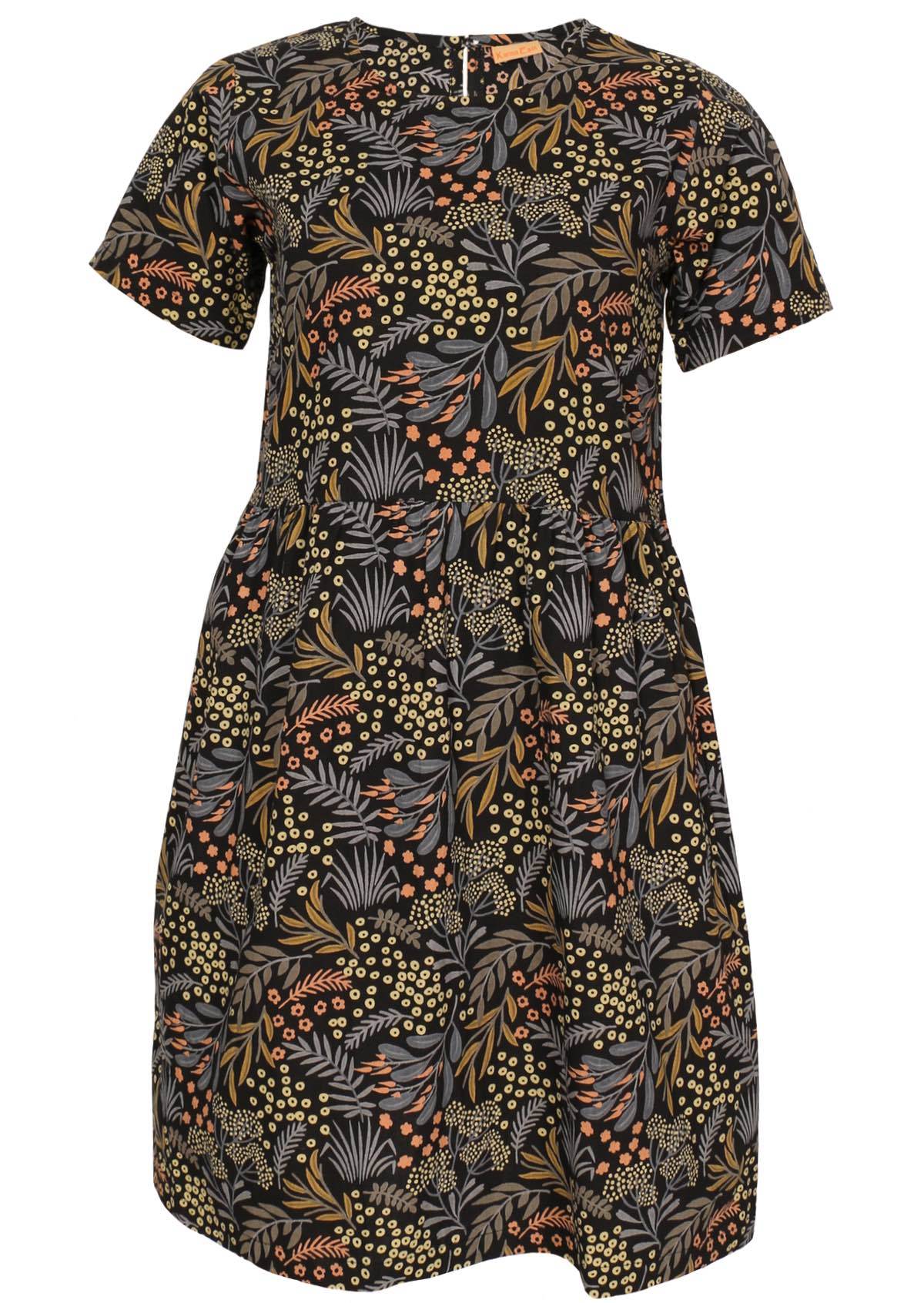 Gorgeous native floral print in earthy tones on black base cotton short sleeve dress